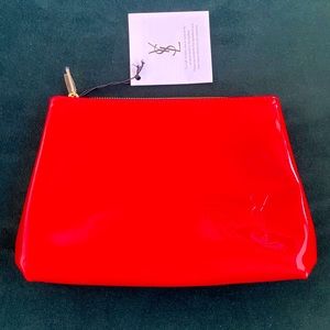 YSL embossed logo red patent cosmetic bag